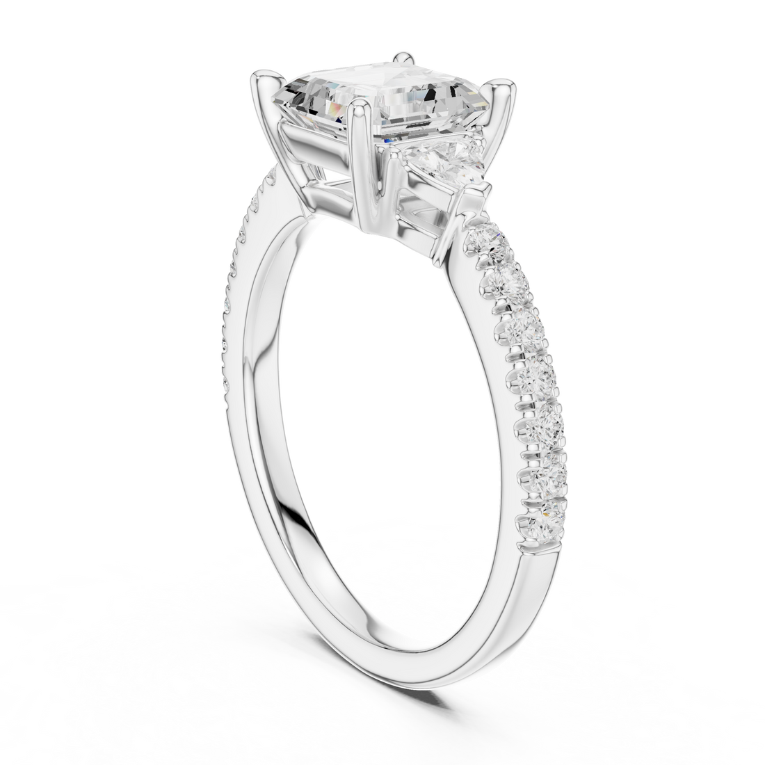 Asscher Cut Three-Stone Engagement Ring with Pavé Band
