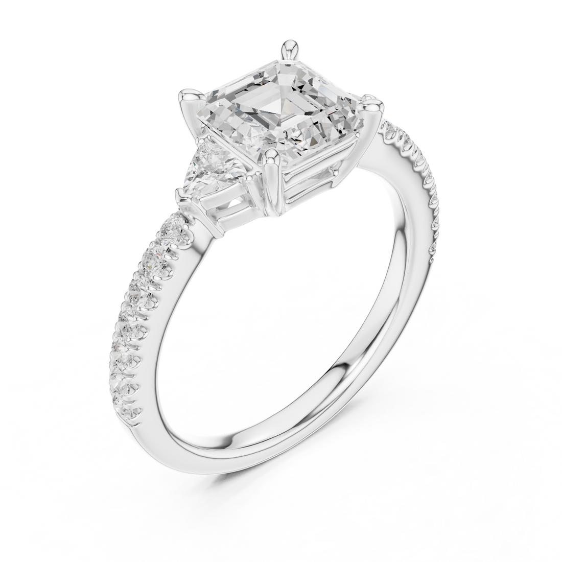 Asscher Cut Three-Stone Engagement Ring with Pavé Band