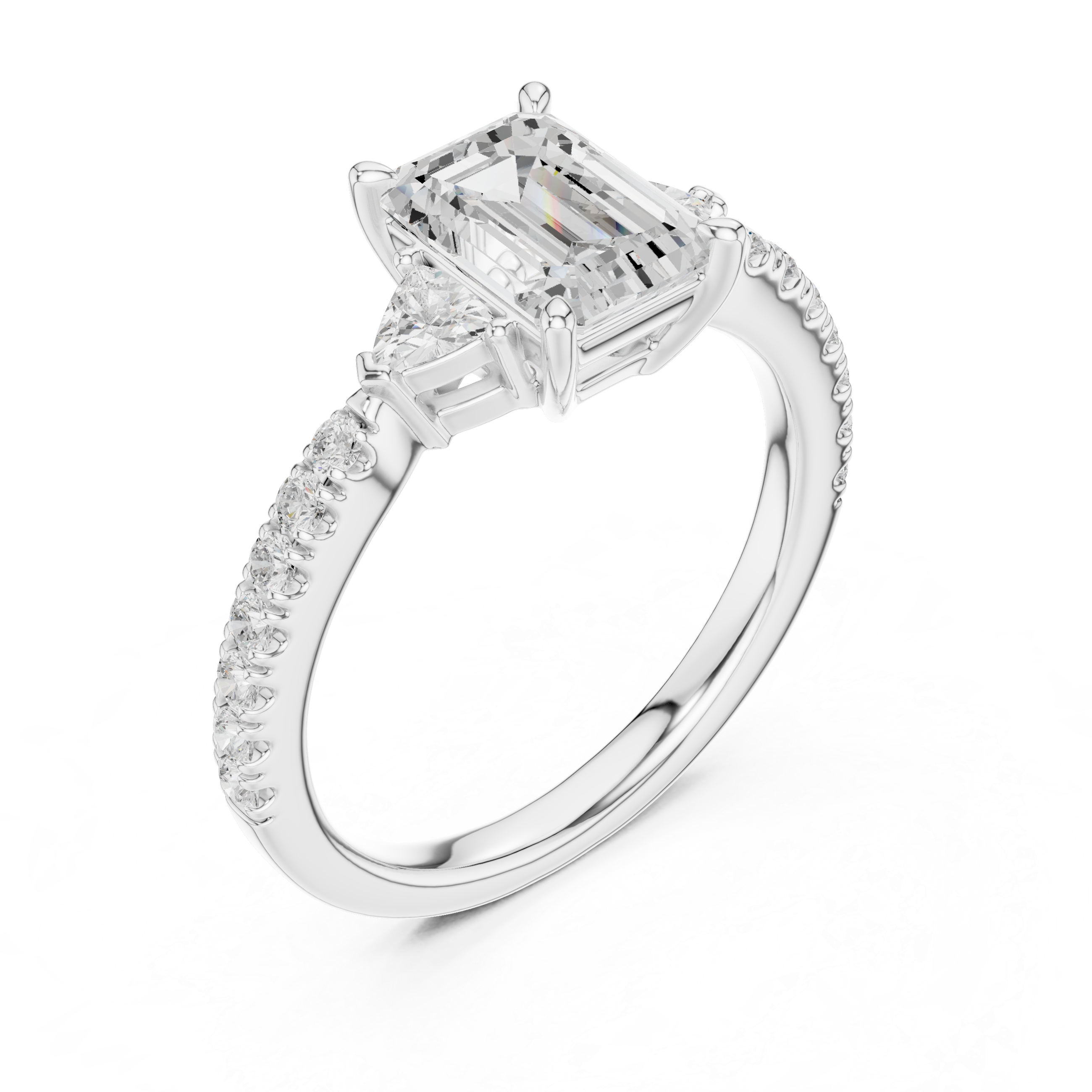 Emerald Cut Three-Stone Engagement Ring with Pavé Band