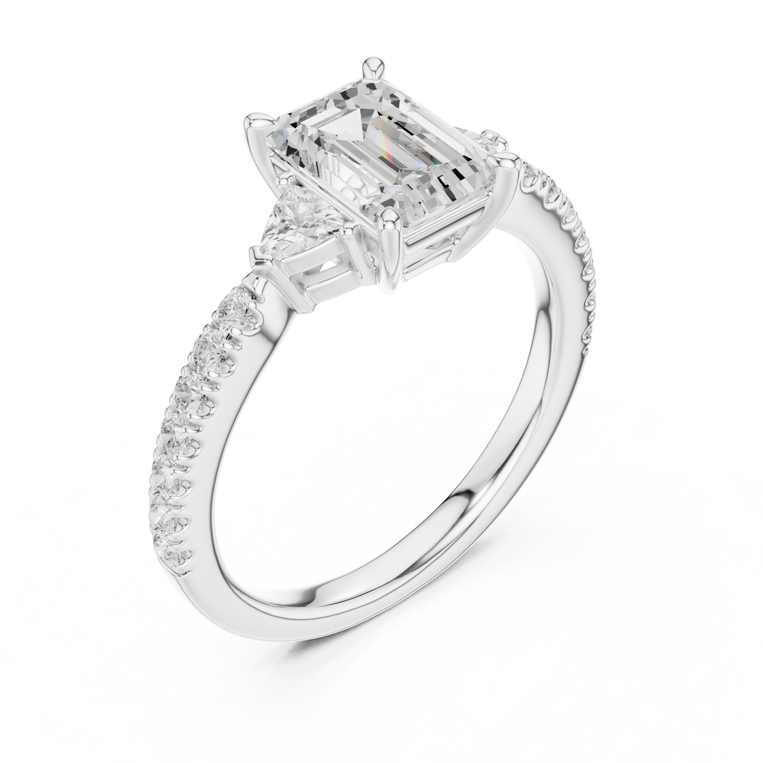 Emerald Cut Three-Stone Engagement Ring with Pavé Band