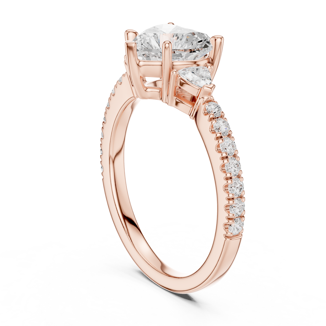 Heart Cut Three-Stone Engagement Ring with Pavé Band