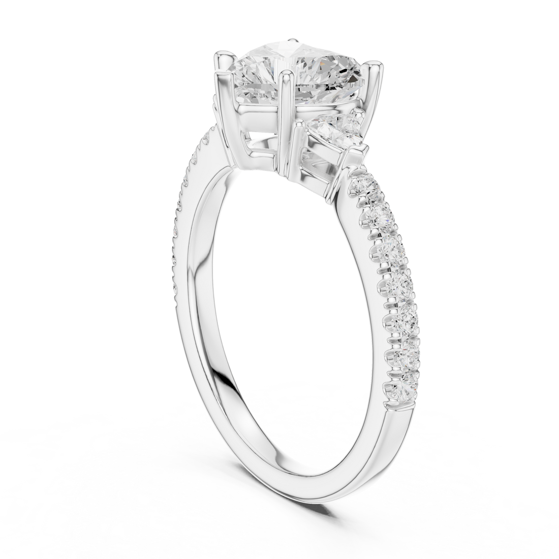 Heart Cut Three-Stone Engagement Ring with Pavé Band