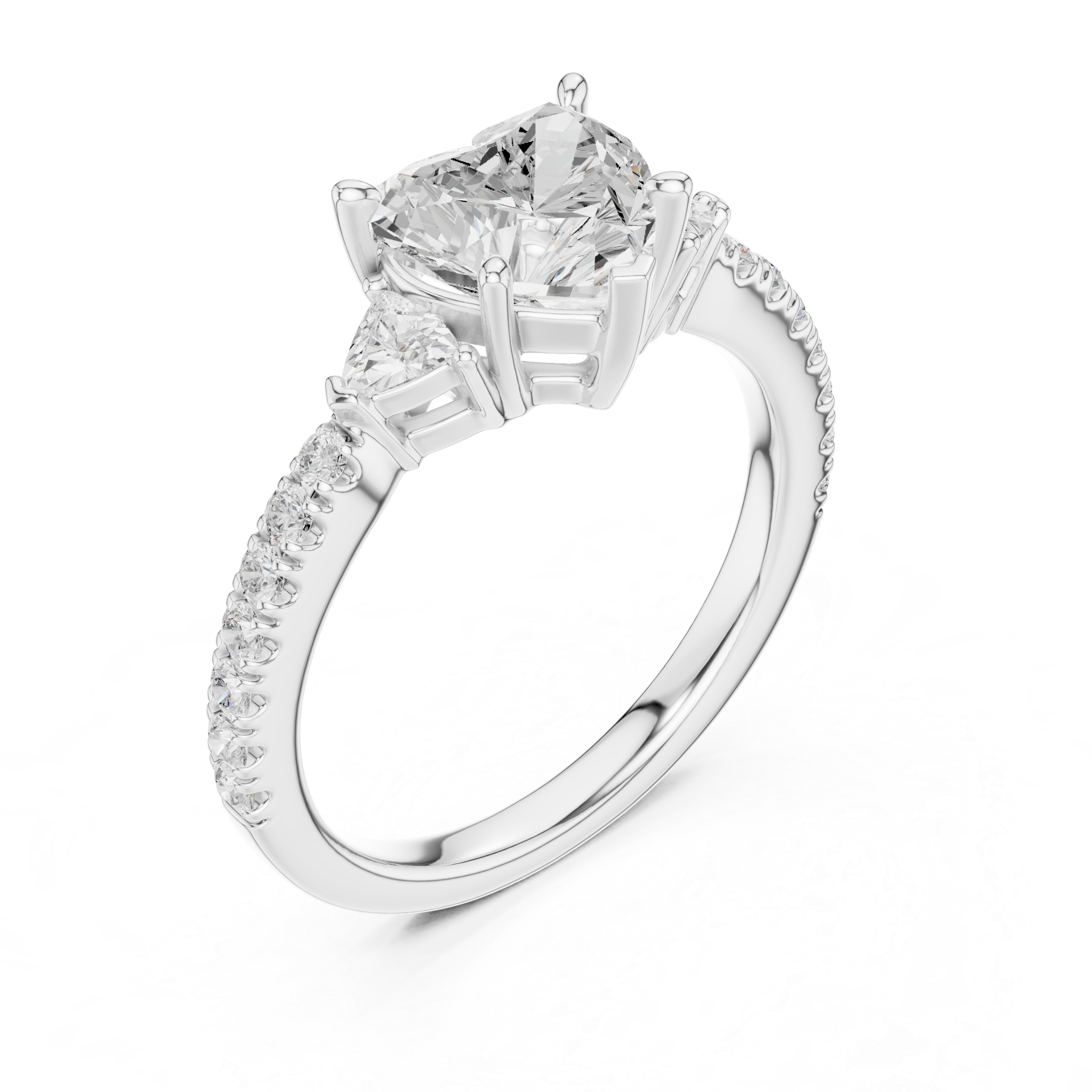 Heart Cut Three-Stone Engagement Ring with Pavé Band