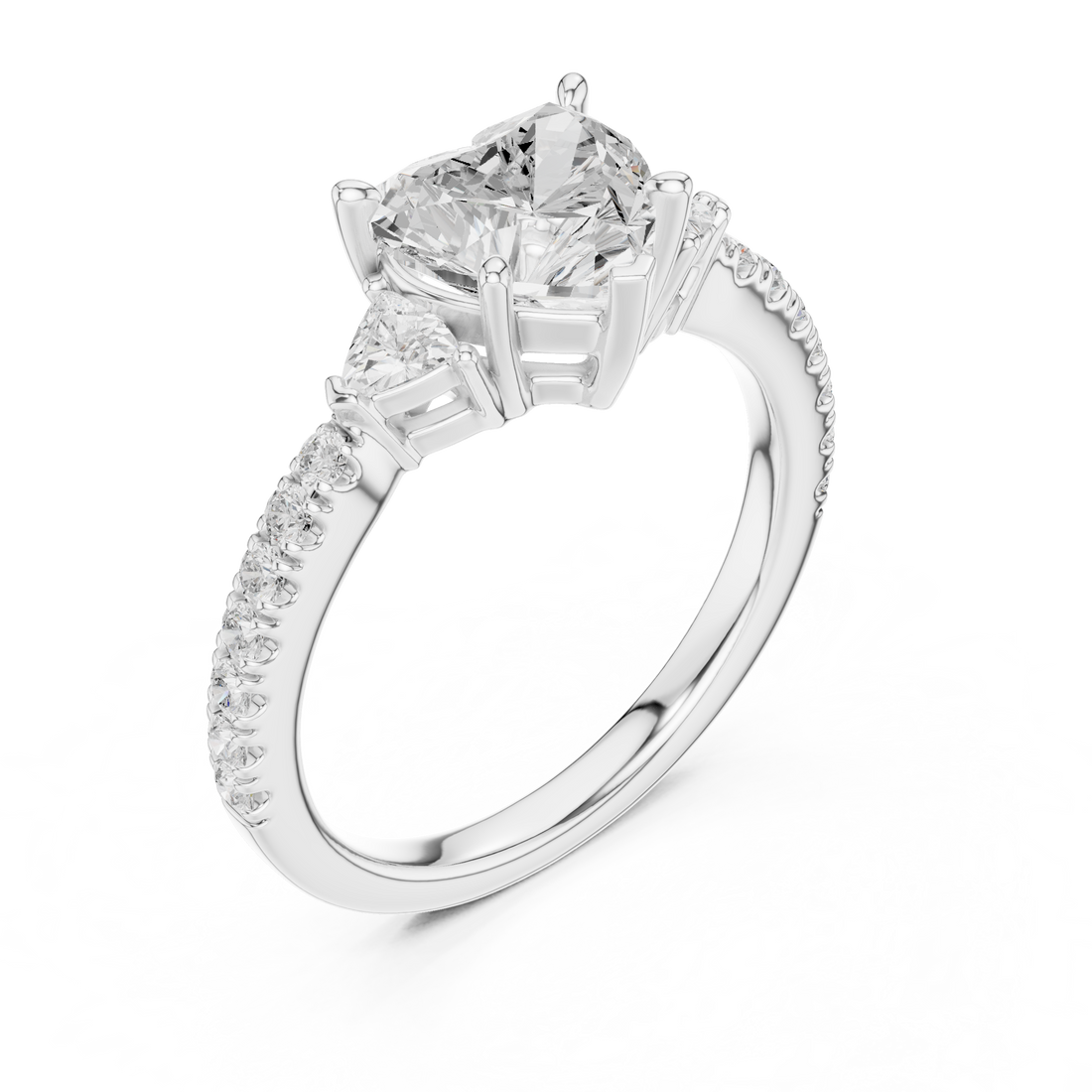 Heart Cut Three-Stone Engagement Ring with Pavé Band
