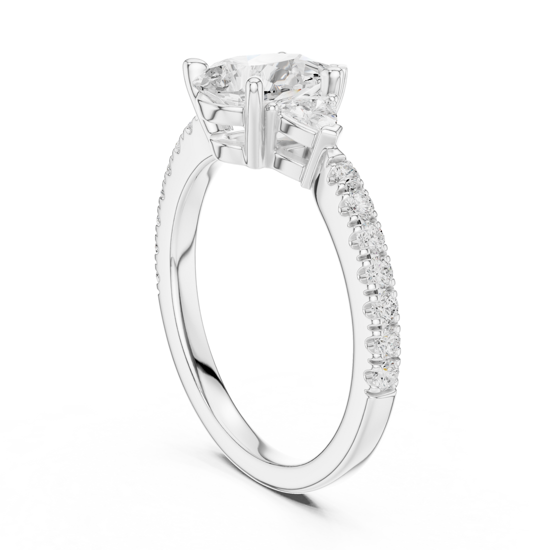 Pear Cut Three-Stone Engagement Ring with Pavé Band