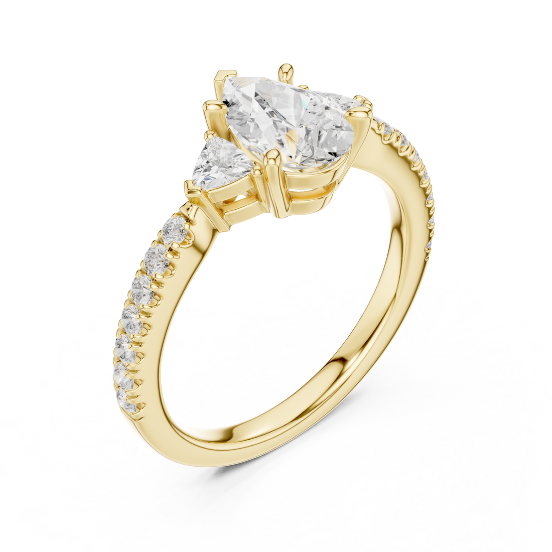 Pear Cut Three-Stone Engagement Ring with Pavé Band