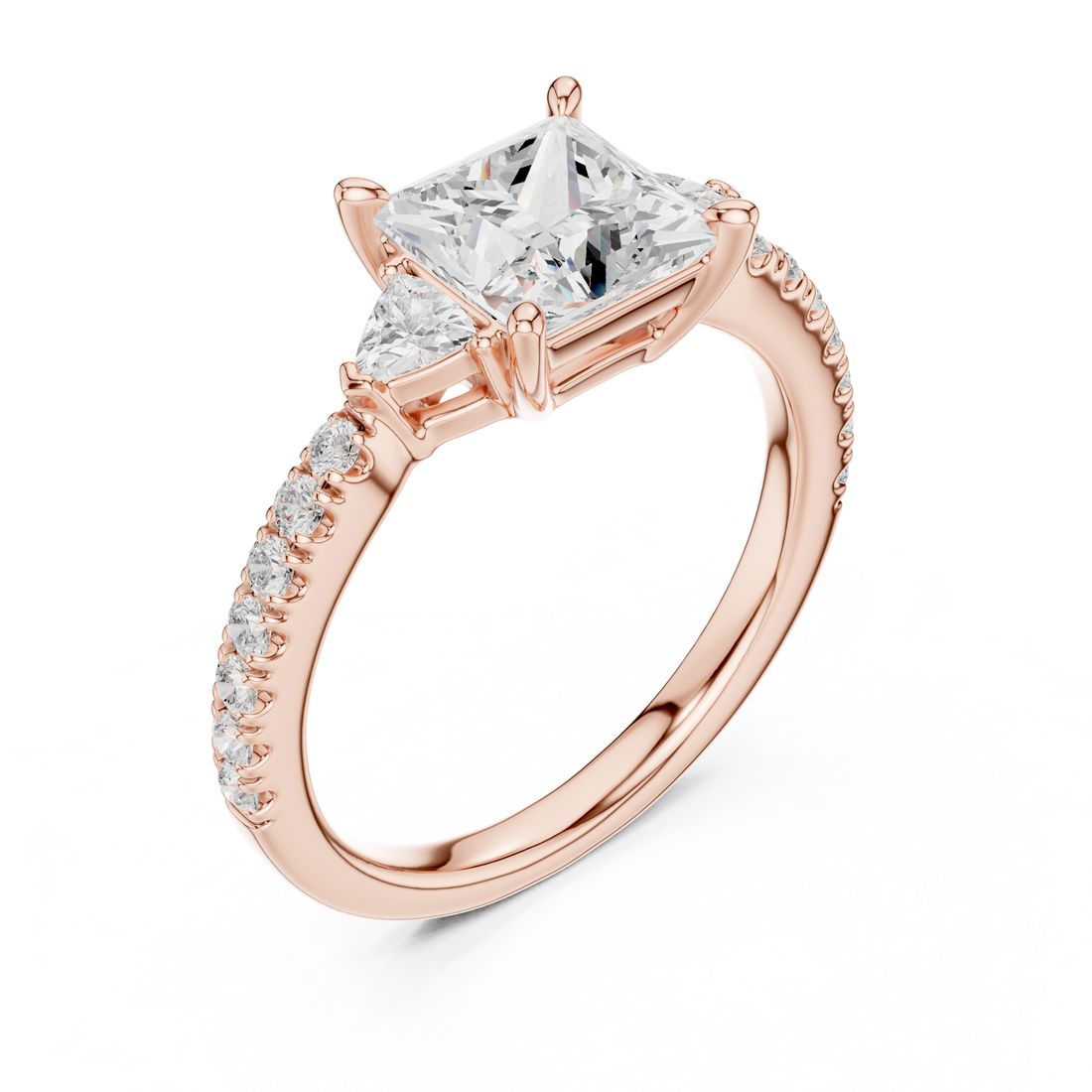 Princess Cut Three-Stone Engagement Ring with Pavé Band