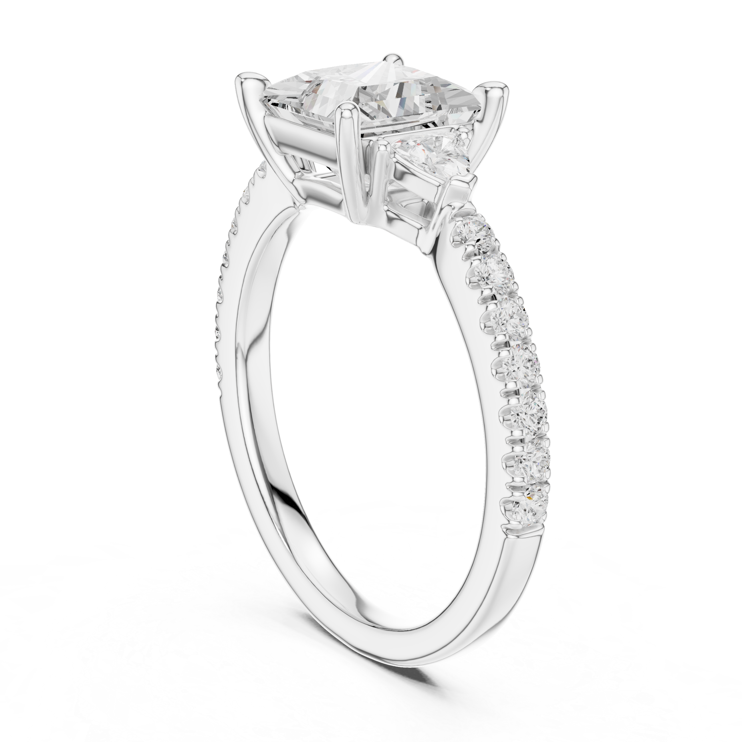 Princess Cut Three-Stone Engagement Ring with Pavé Band