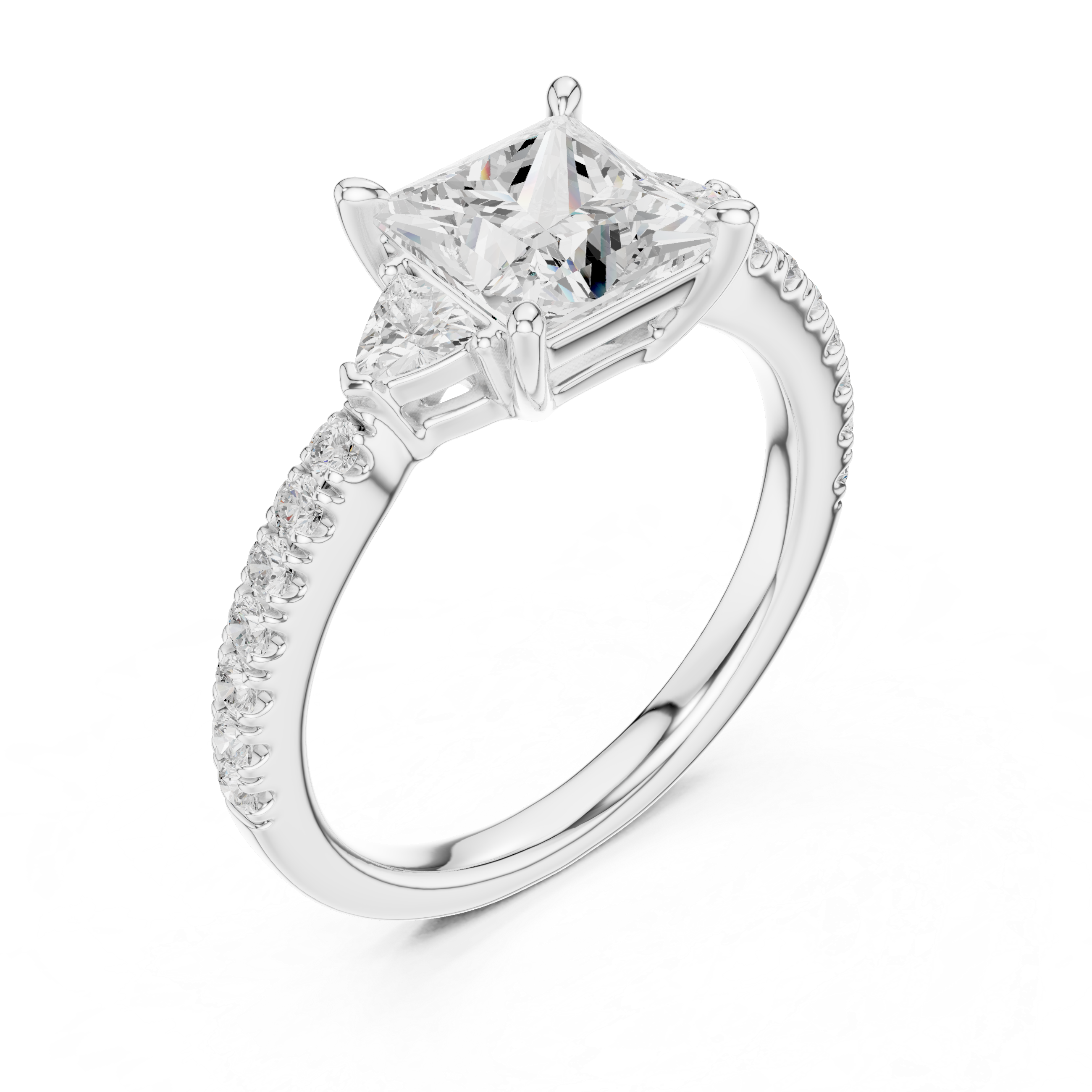 Princess Cut Three-Stone Engagement Ring with Pavé Band