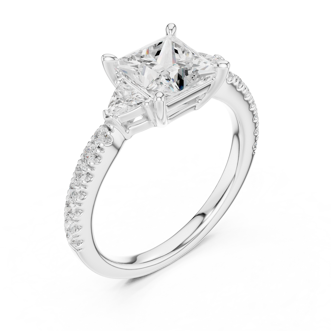 Princess Cut Three-Stone Engagement Ring with Pavé Band