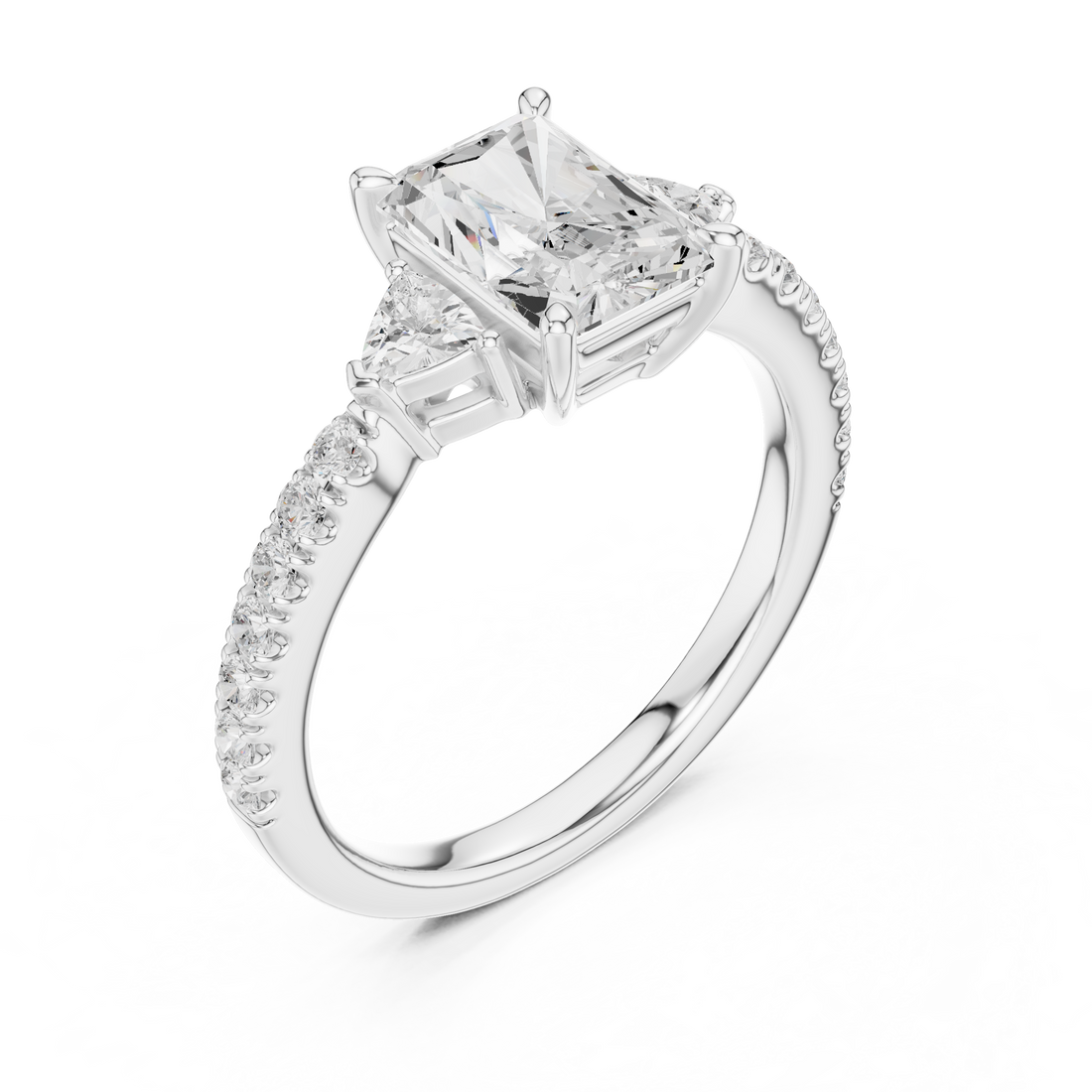 Radiant Cut Three-Stone Engagement Ring with Pavé Band