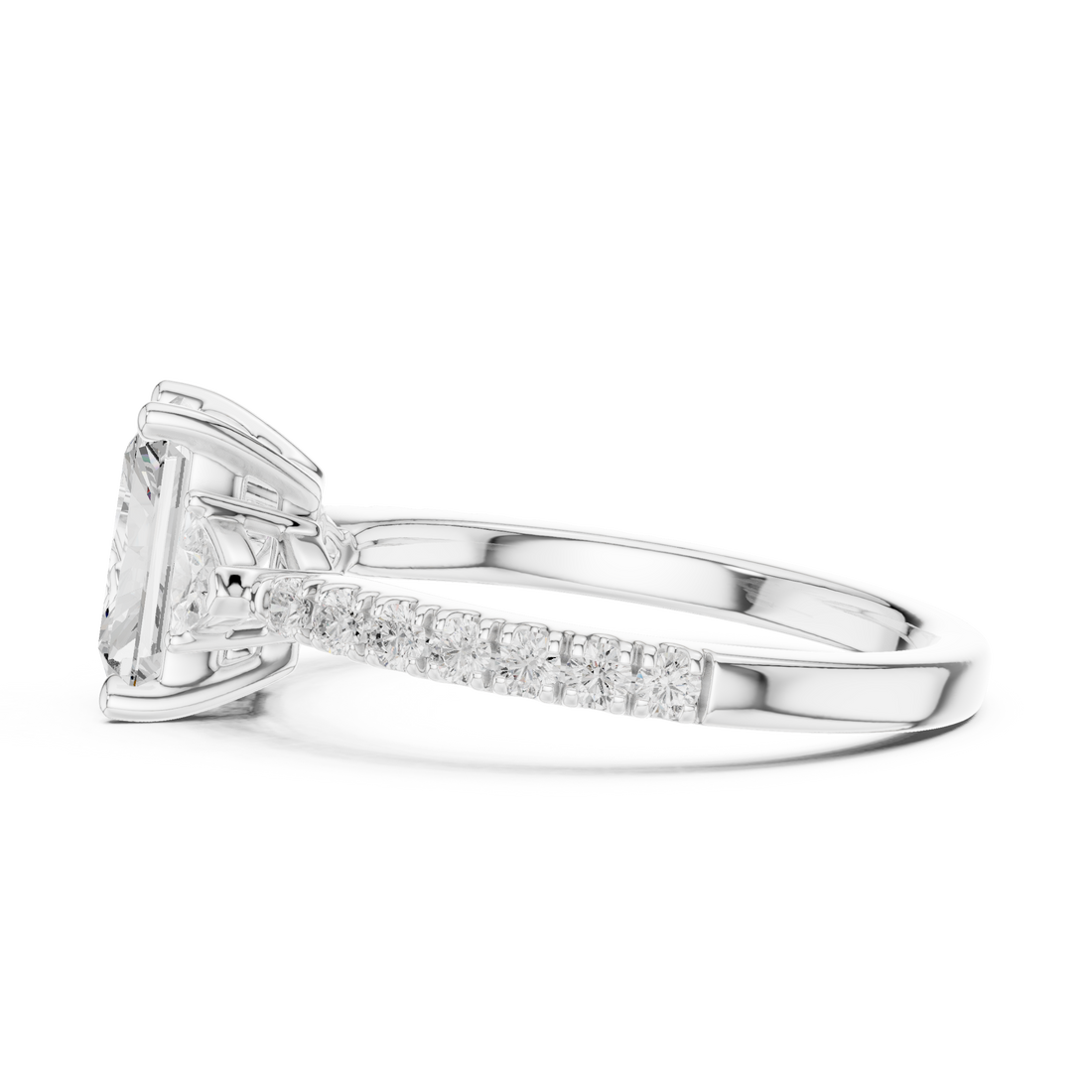 Radiant Cut Three-Stone Engagement Ring with Pavé Band