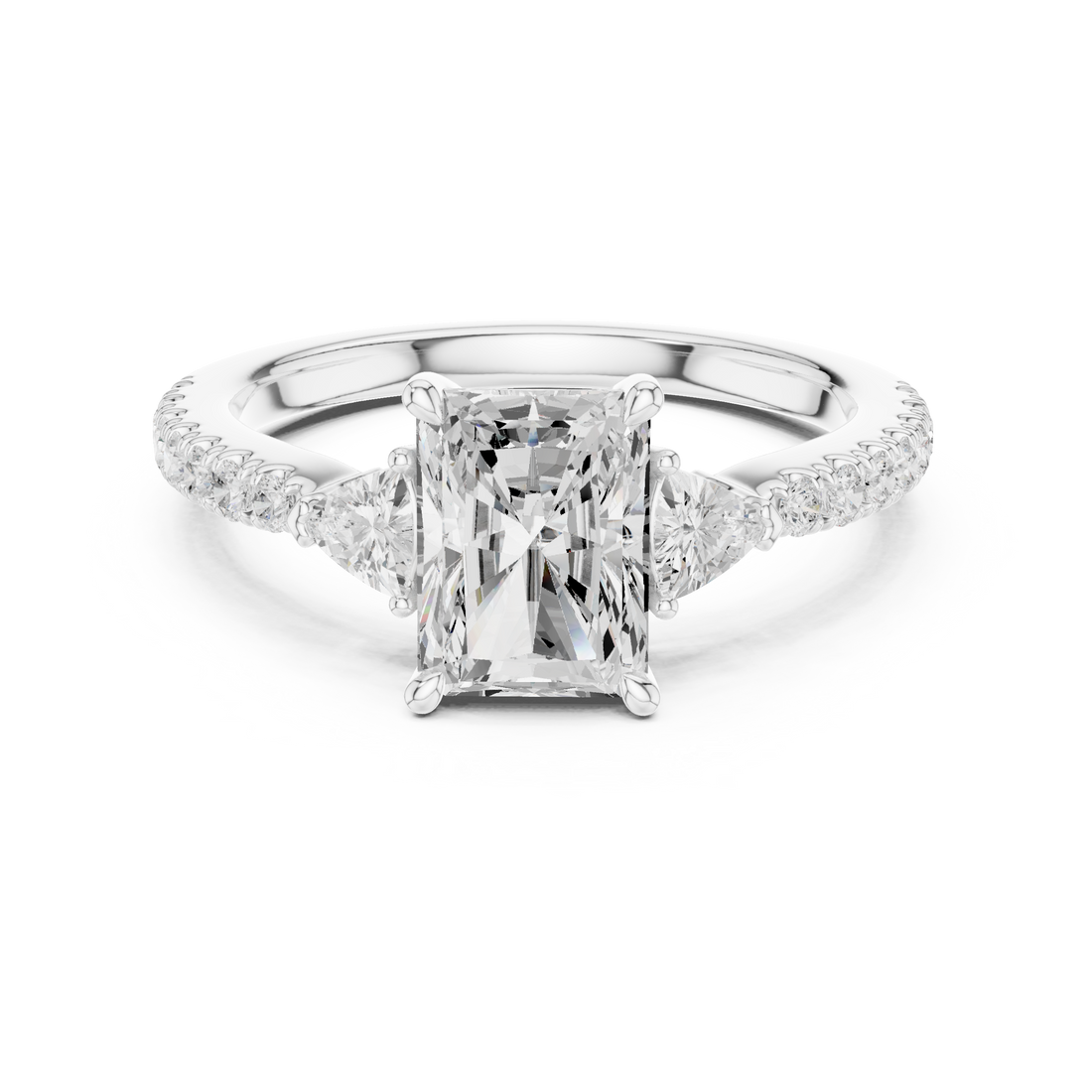 Radiant Cut Three-Stone Engagement Ring with Pavé Band