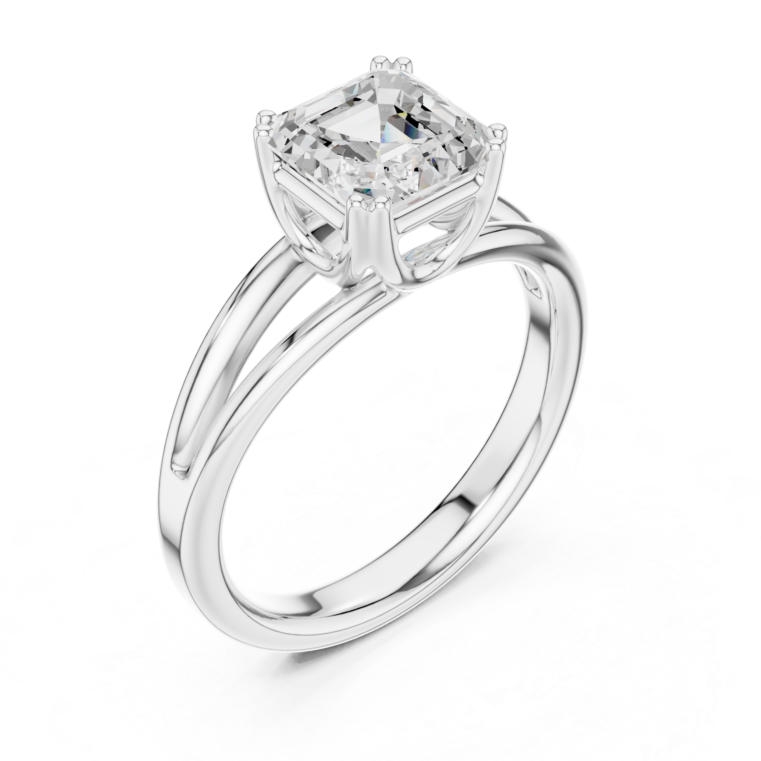 Asscher Cut Solitaire Engagement Ring with Split Shank Plain Band