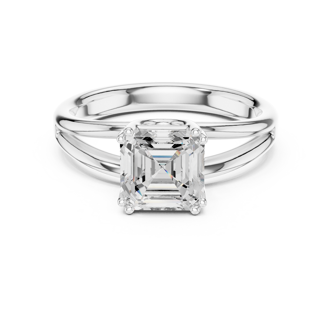 Asscher Cut Solitaire Engagement Ring with Split Shank Plain Band