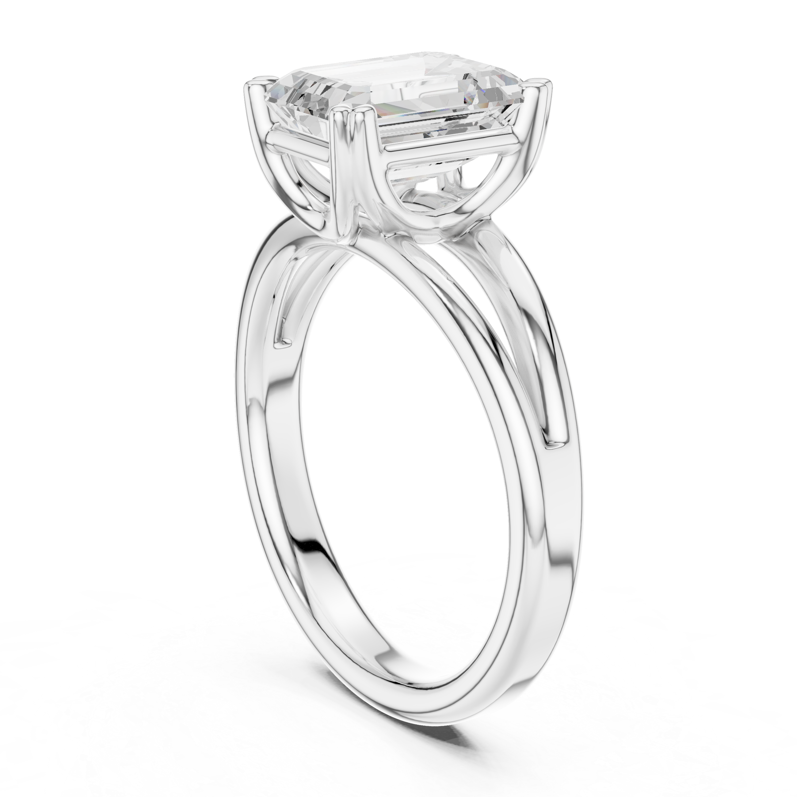 Emerald Cut Solitaire Engagement Ring with Split Shank Plain Band