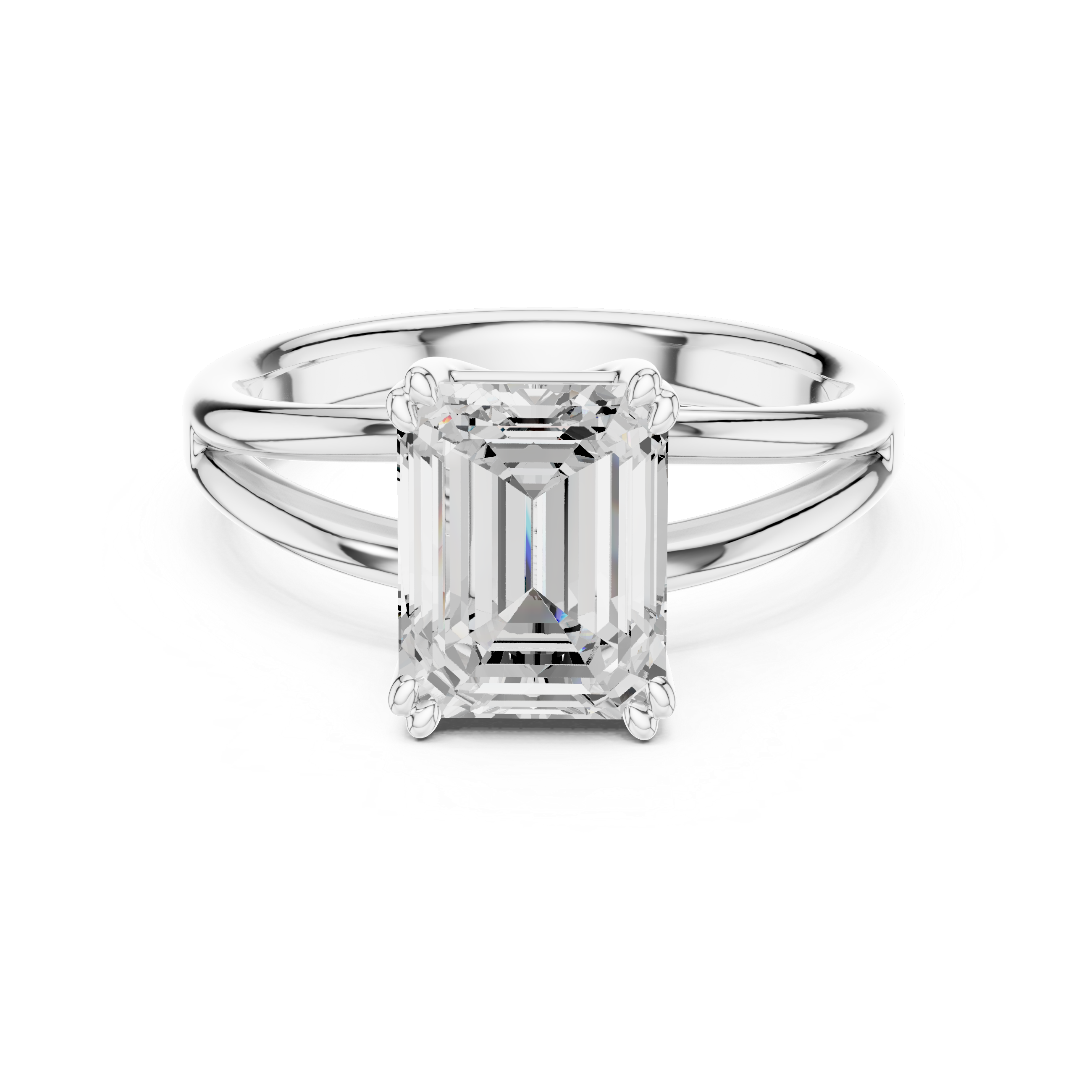 Emerald Cut Solitaire Engagement Ring with Split Shank Plain Band
