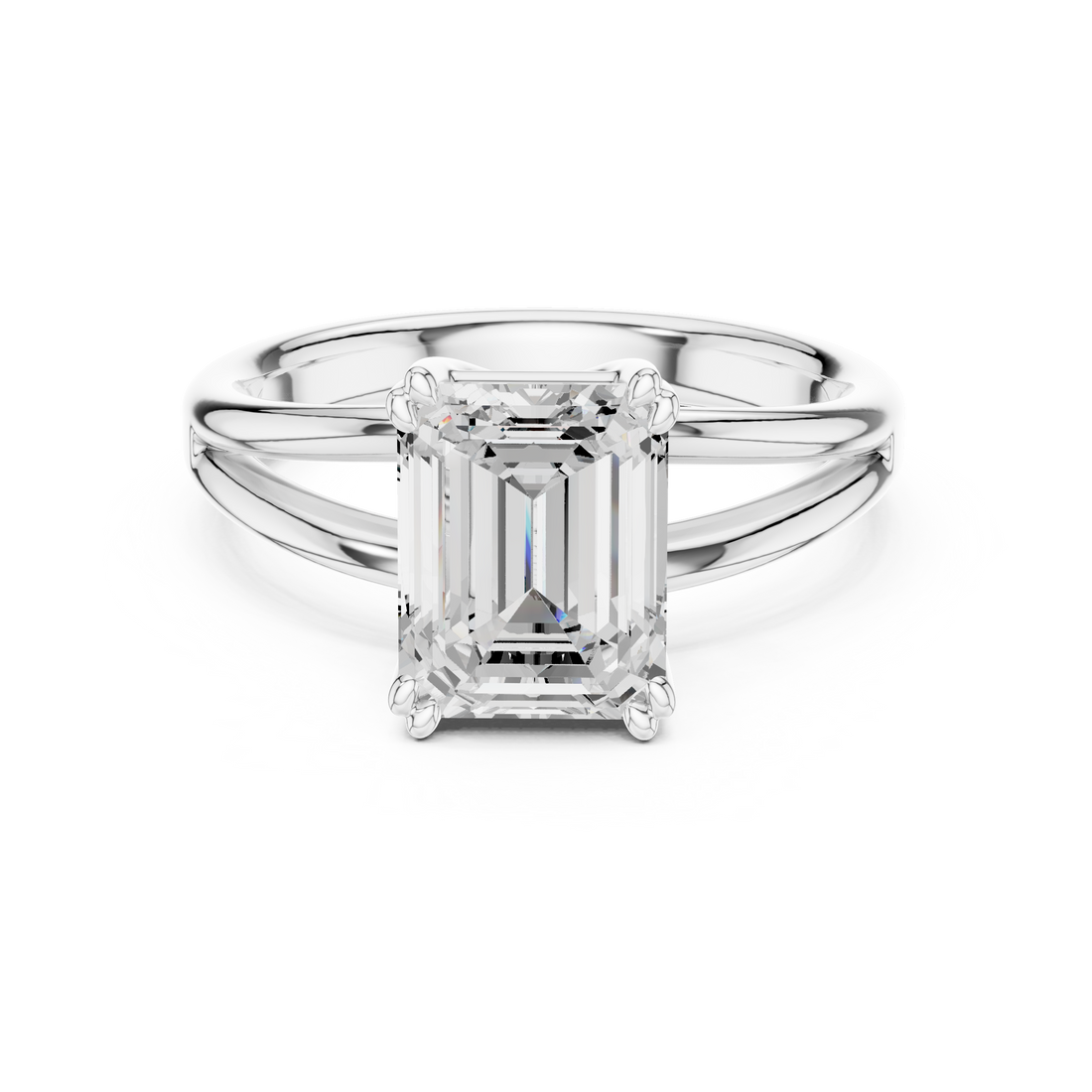 Emerald Cut Solitaire Engagement Ring with Split Shank Plain Band