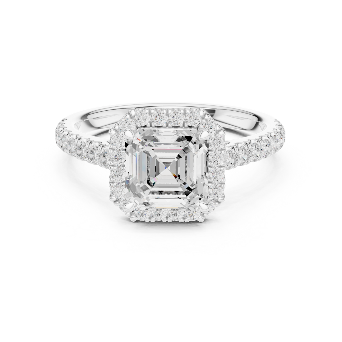Asscher Cut Halo Engagement Ring with Pavé Diamond Band