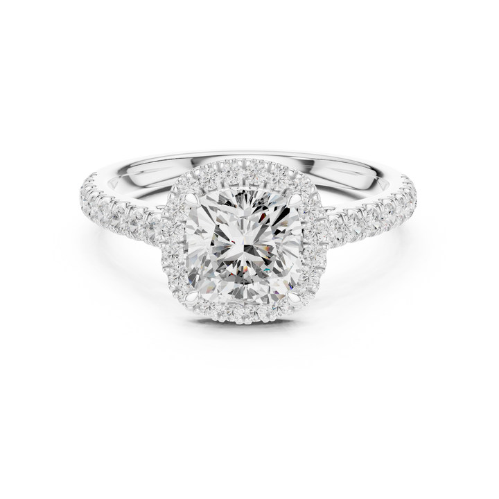 Cushion Cut Halo Engagement Ring with Pavé Diamond Band