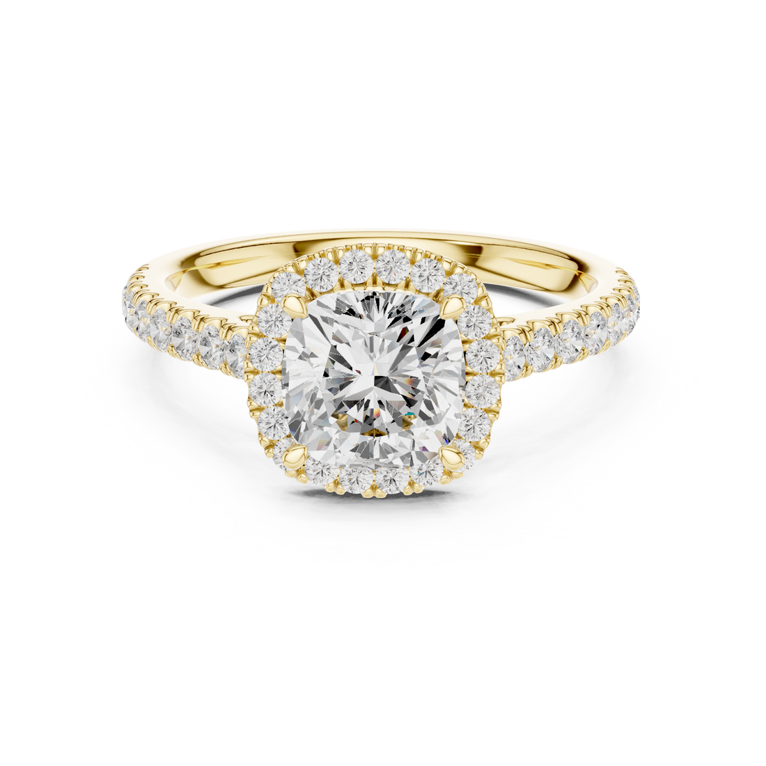 Cushion Cut Halo Engagement Ring with Pavé Diamond Band