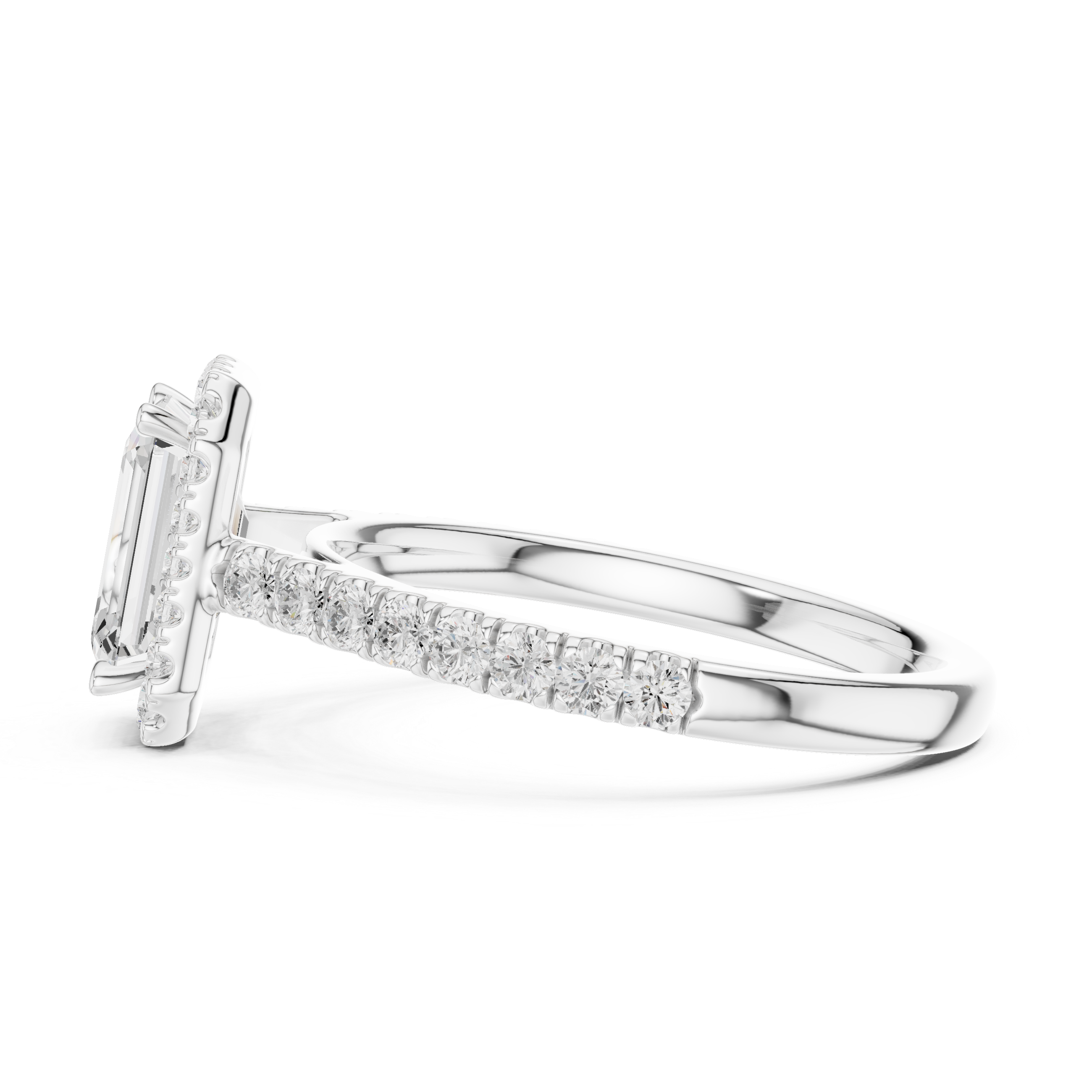 Emerald Cut Halo Engagement Ring with Pavé Diamond Band