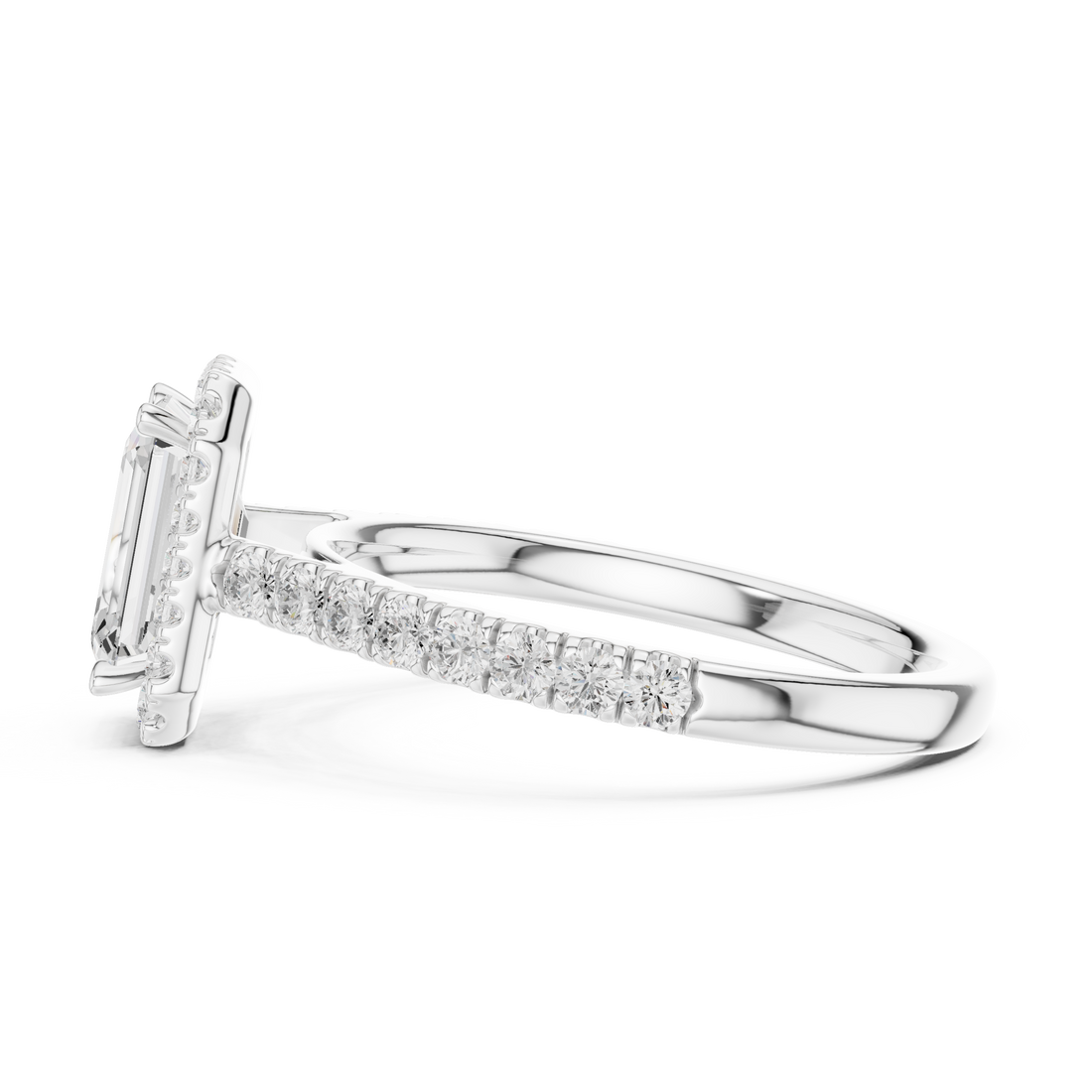 Emerald Cut Halo Engagement Ring with Pavé Diamond Band
