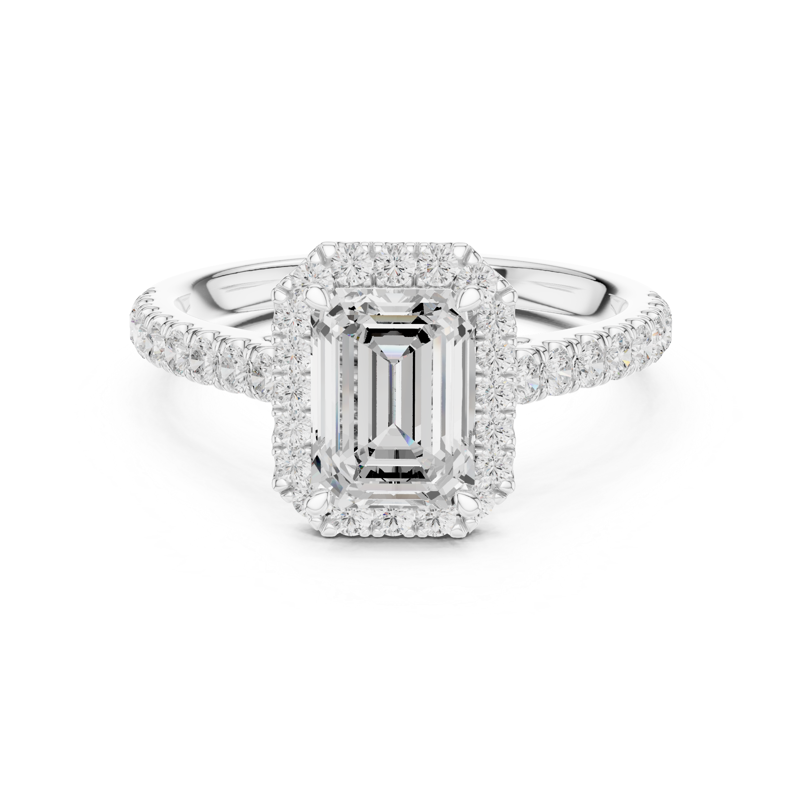 Emerald Cut Halo Engagement Ring with Pavé Diamond Band