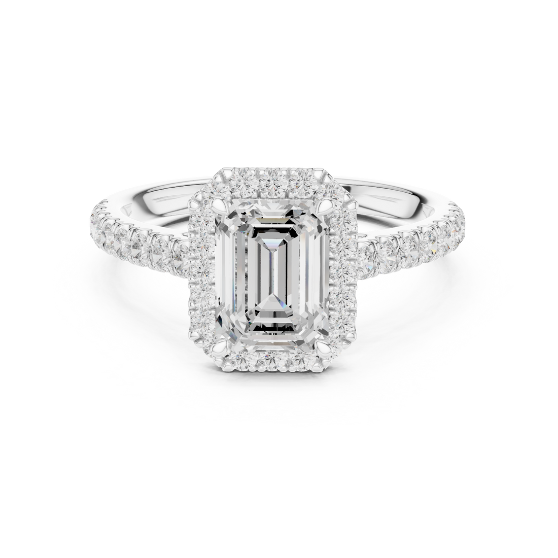 Emerald Cut Halo Engagement Ring with Pavé Diamond Band