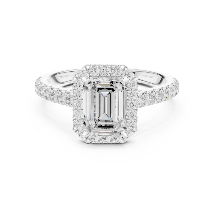 Emerald Cut Halo Engagement Ring with Pavé Diamond Band