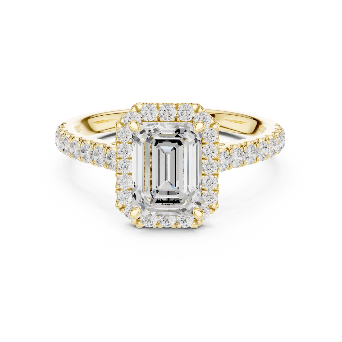 Emerald Cut Halo Engagement Ring with Pavé Diamond Band