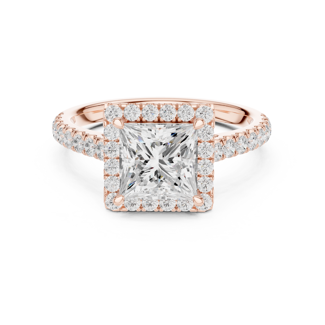 Princess Cut Halo Engagement Ring with Pavé Diamond Band