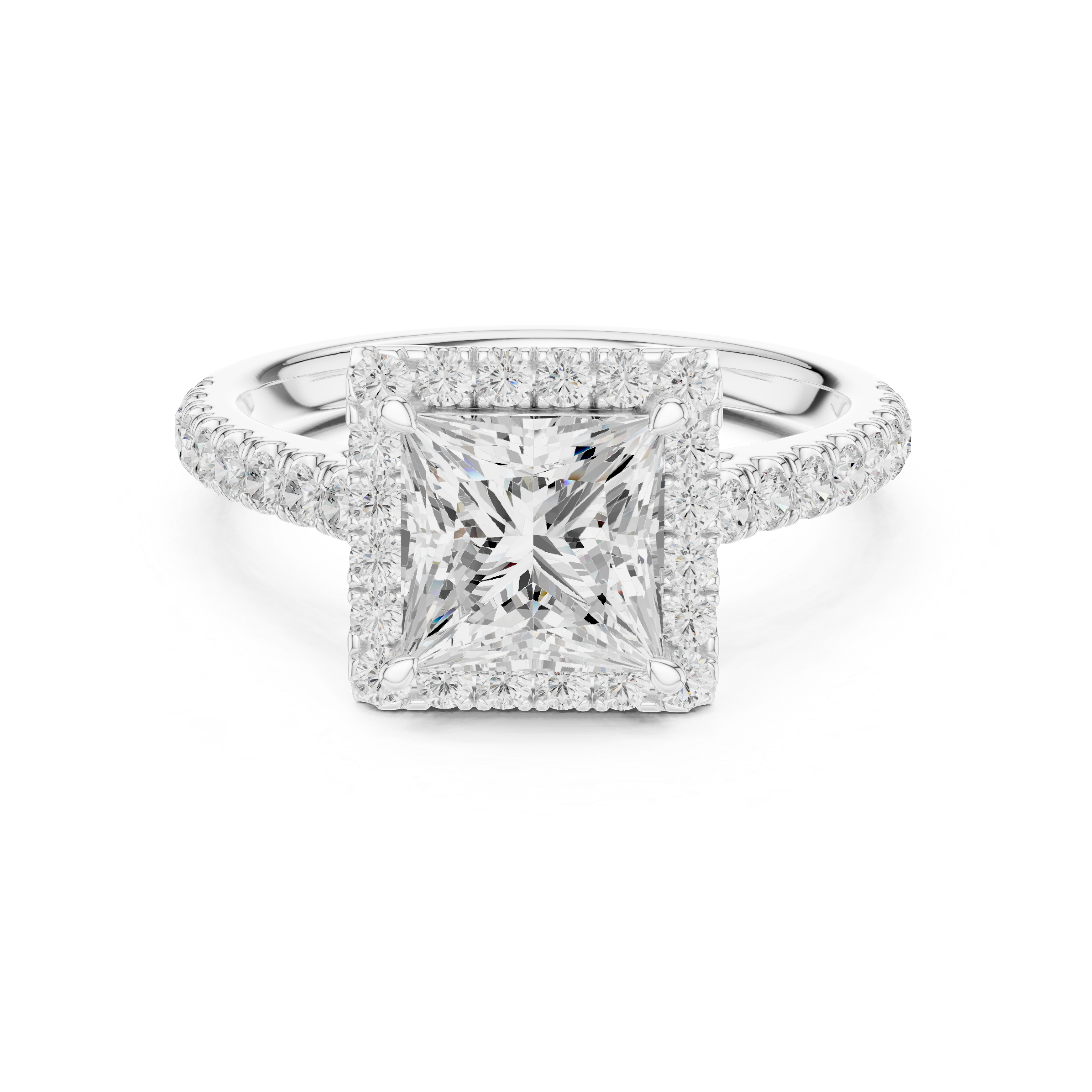 Princess Cut Halo Engagement Ring with Pavé Diamond Band