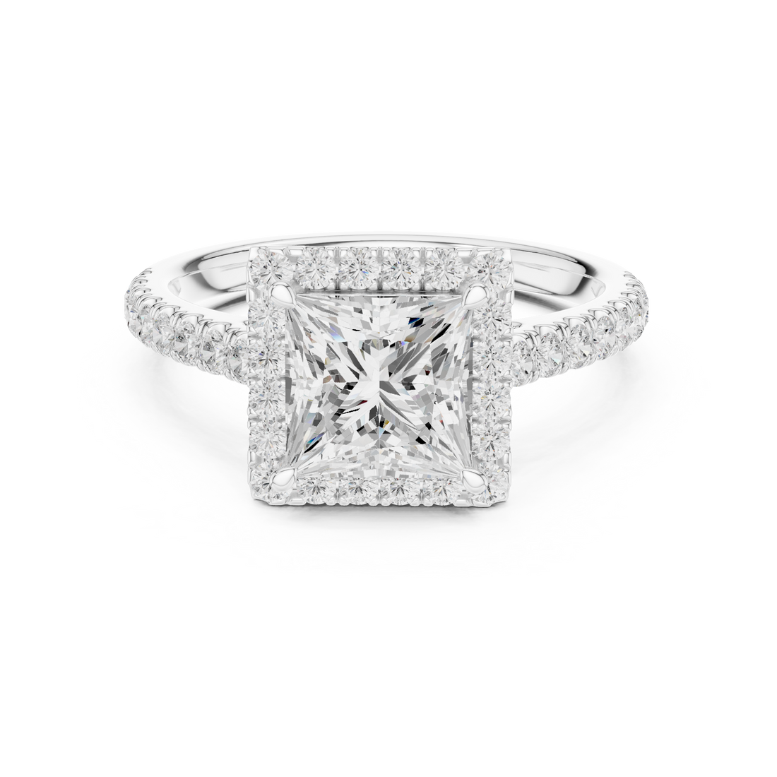 Princess Cut Halo Engagement Ring with Pavé Diamond Band