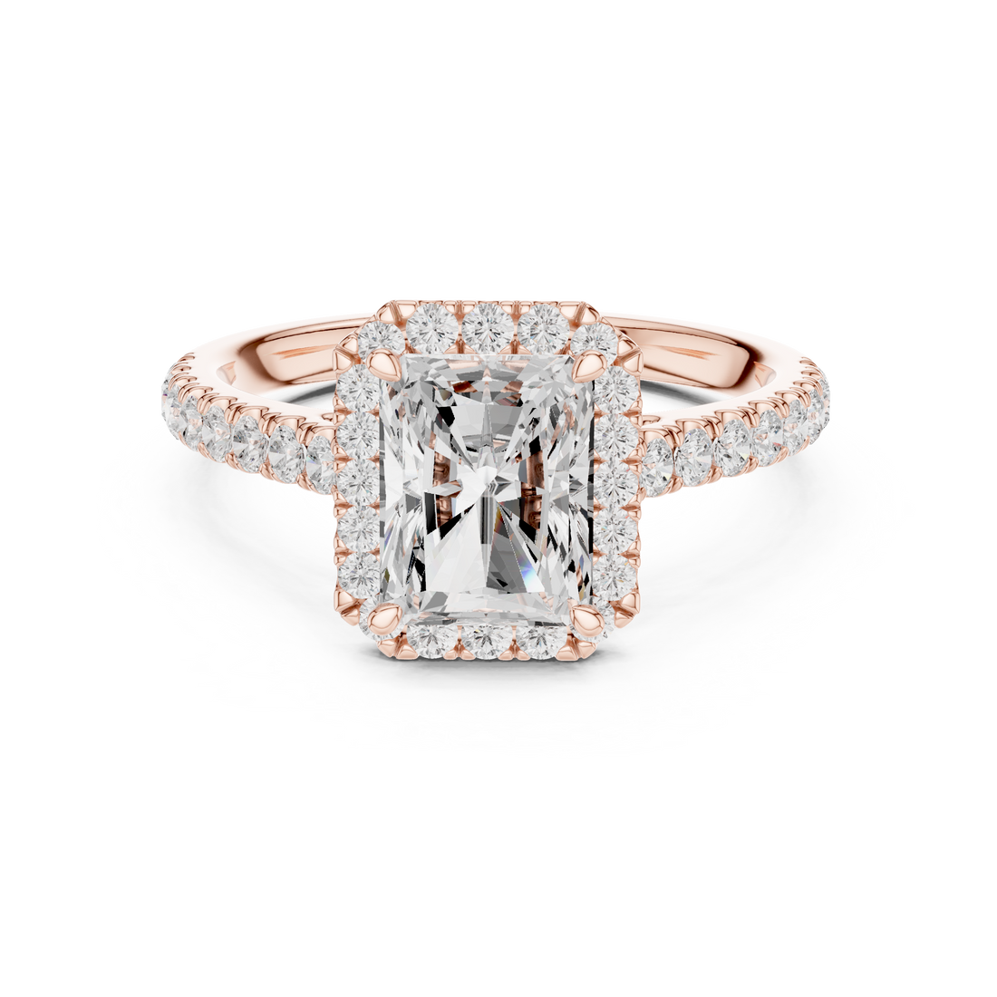 Radiant Cut Halo Engagement Ring with Pavé Diamond Band