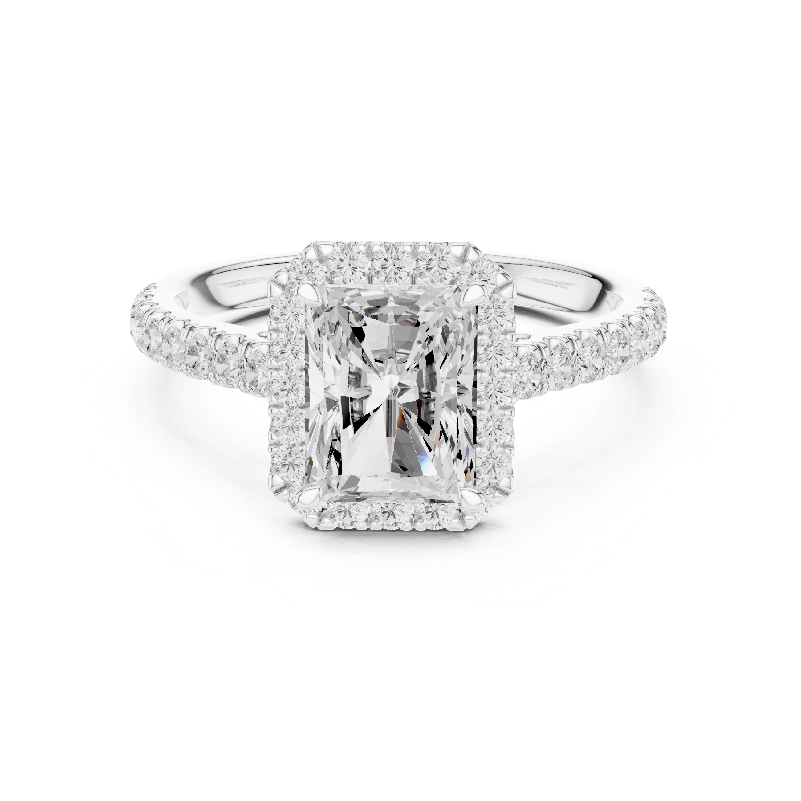 Radiant Cut Halo Engagement Ring with Pavé Diamond Band