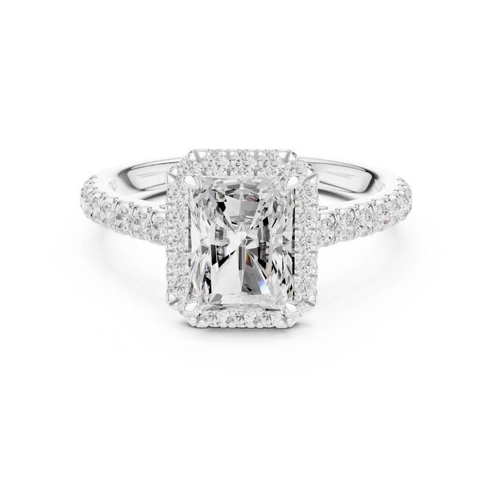 Radiant Cut Halo Engagement Ring with Pavé Diamond Band