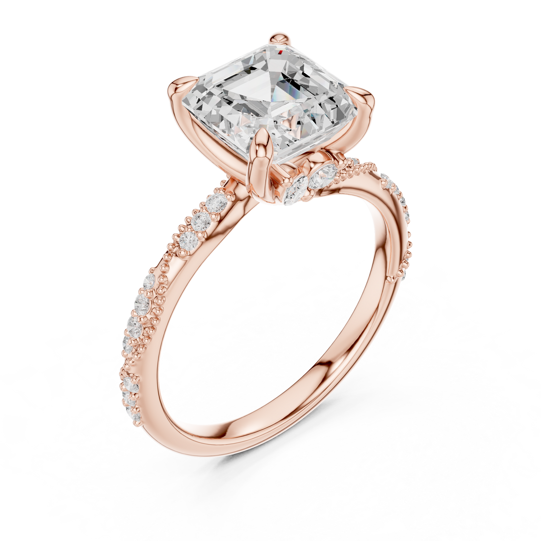 Asscher Cut Solitaire Engagement Ring with Side Pavé Diamond Band and Hidden Halo