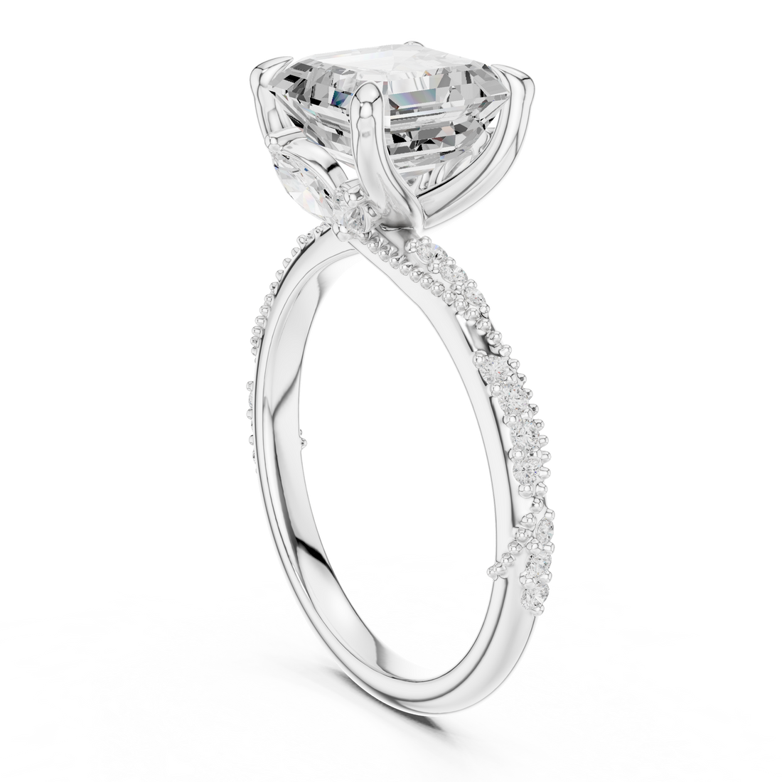 Asscher Cut Solitaire Engagement Ring with Side Pavé Diamond Band and Hidden Halo