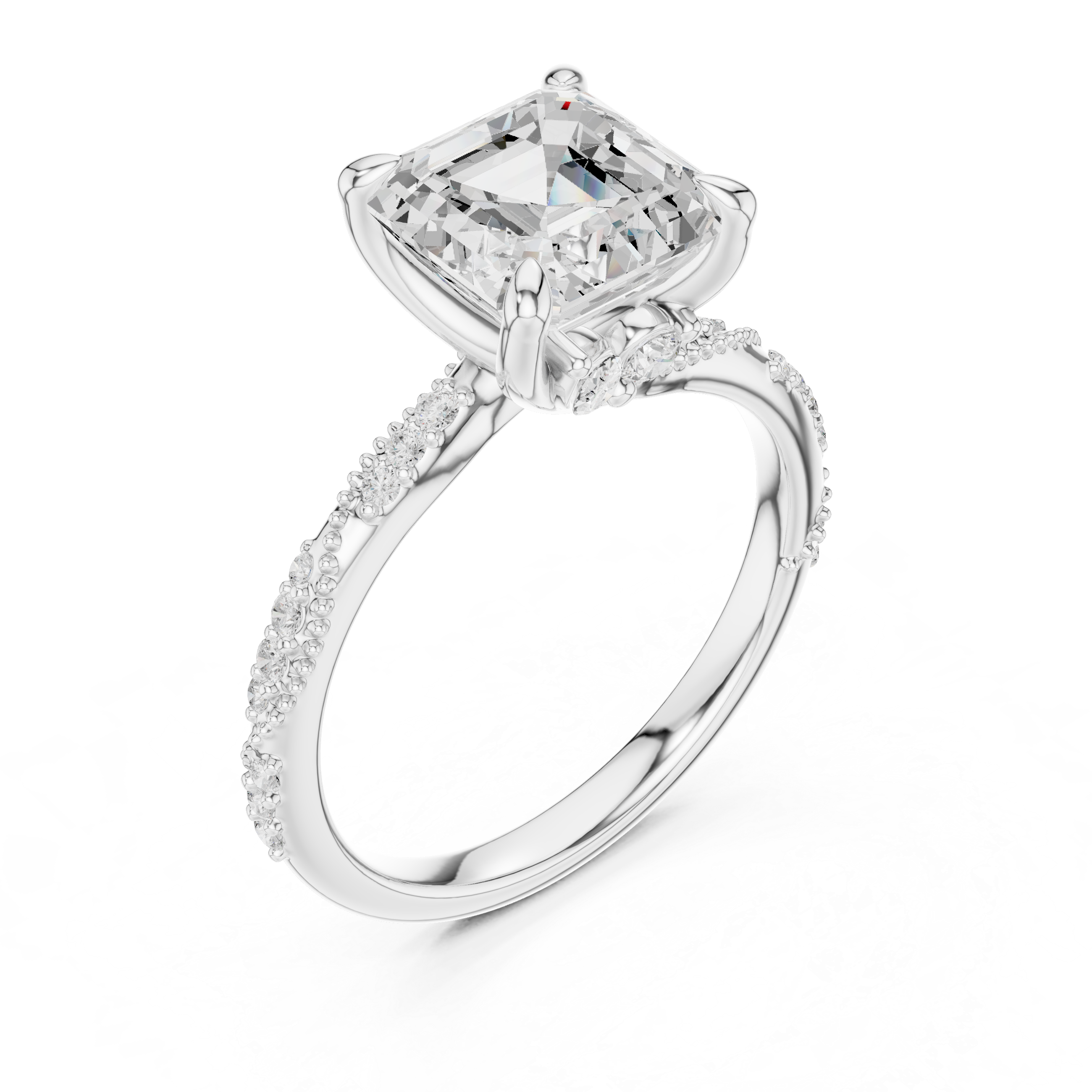 Asscher Cut Solitaire Engagement Ring with Side Pavé Diamond Band and Hidden Halo