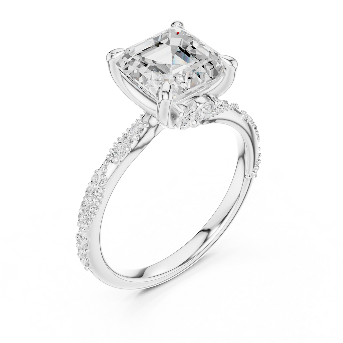 Asscher Cut Solitaire Engagement Ring with Side Pavé Diamond Band and Hidden Halo