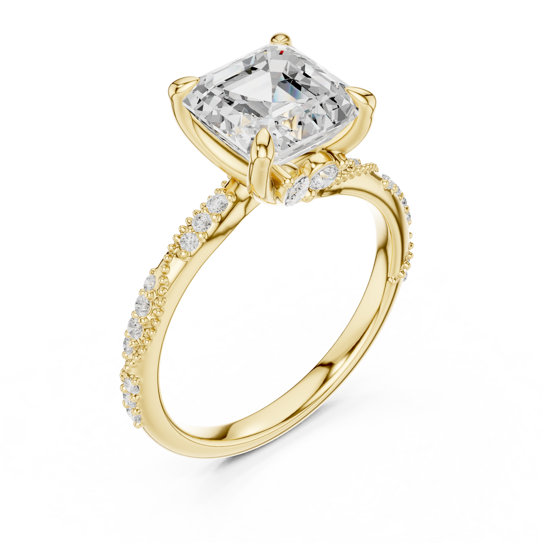 Asscher Cut Solitaire Engagement Ring with Side Pavé Diamond Band and Hidden Halo
