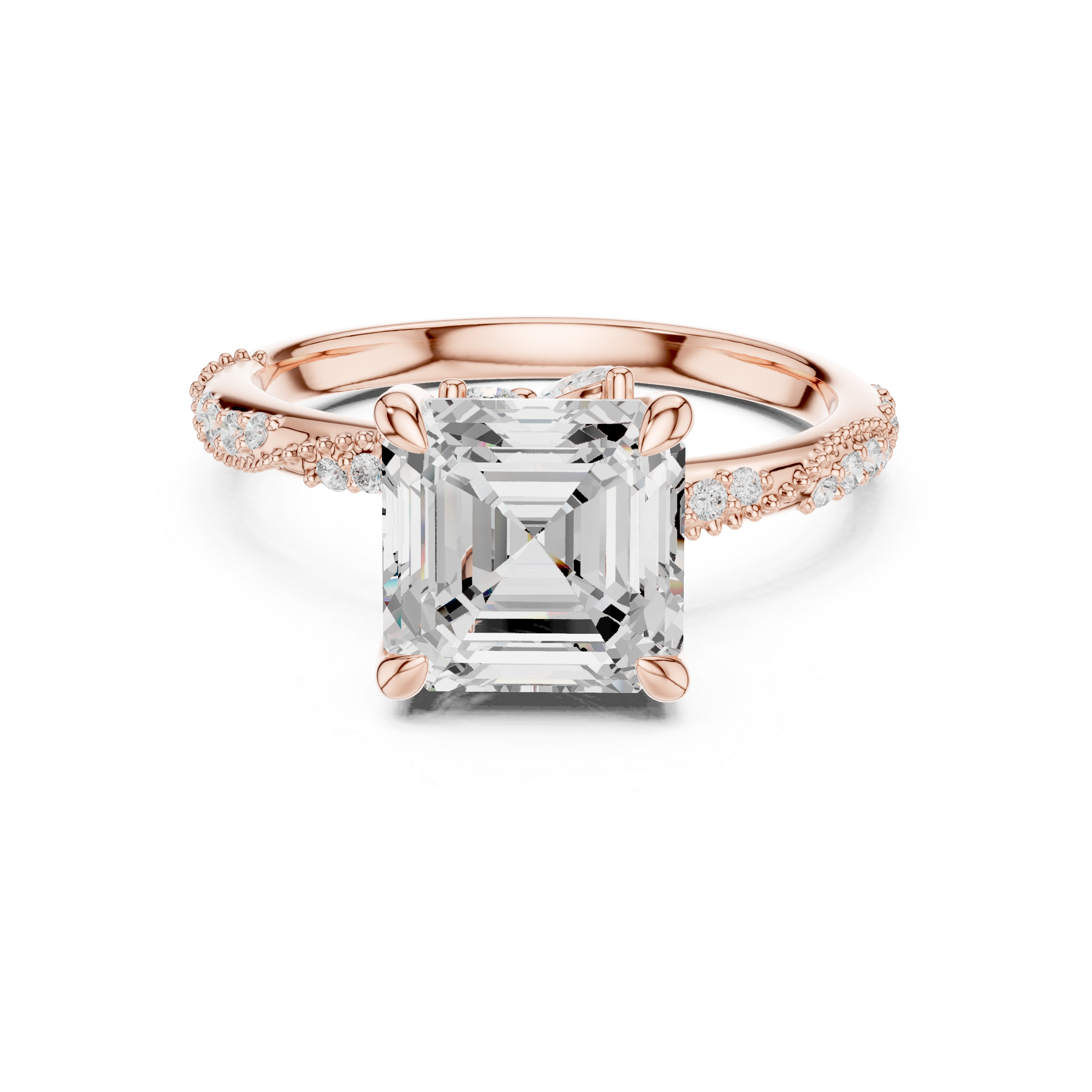 Asscher Cut Solitaire Engagement Ring with Side Pavé Diamond Band and Hidden Halo