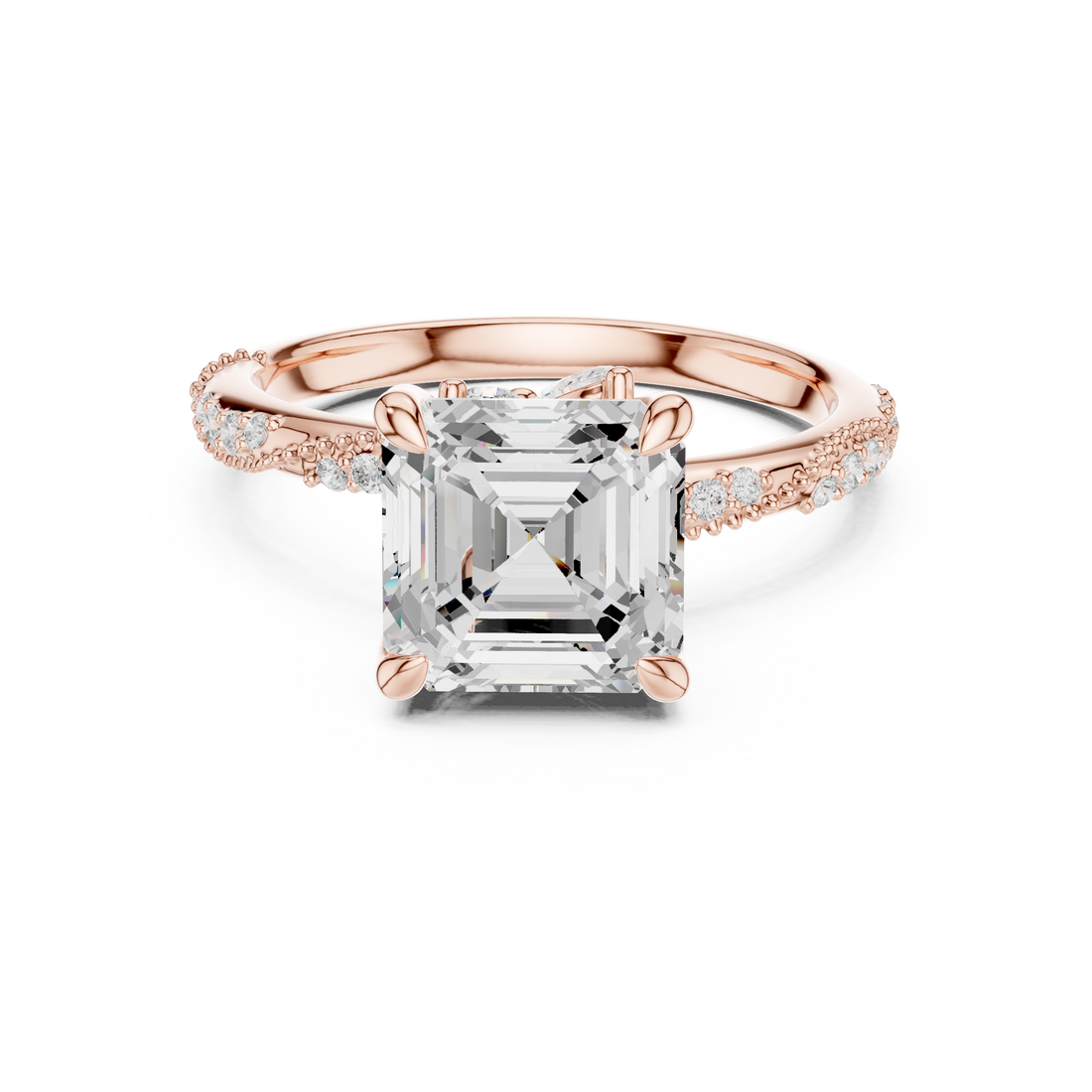 Asscher Cut Solitaire Engagement Ring with Side Pavé Diamond Band and Hidden Halo