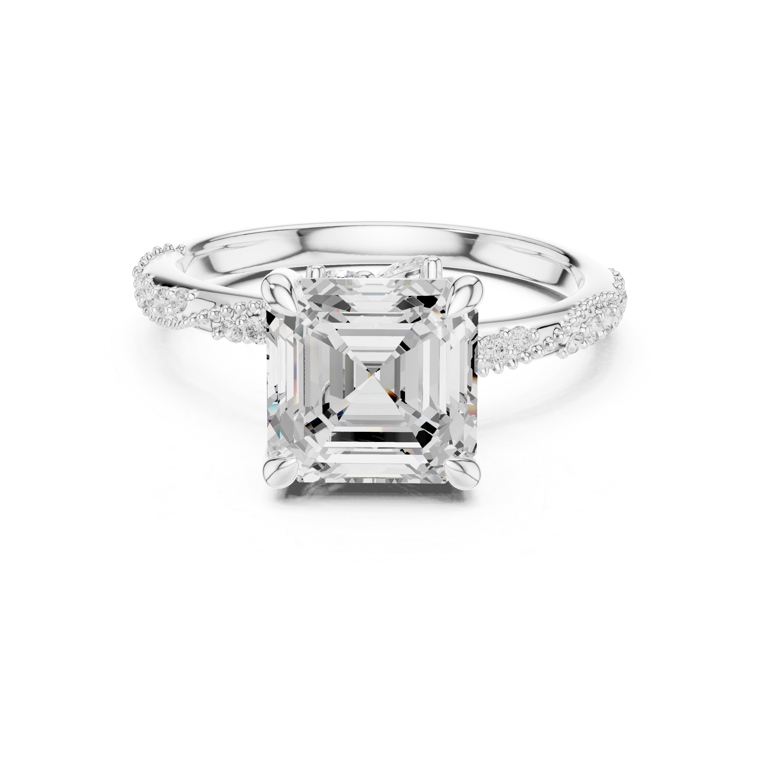 Asscher Cut Solitaire Engagement Ring with Side Pavé Diamond Band and Hidden Halo