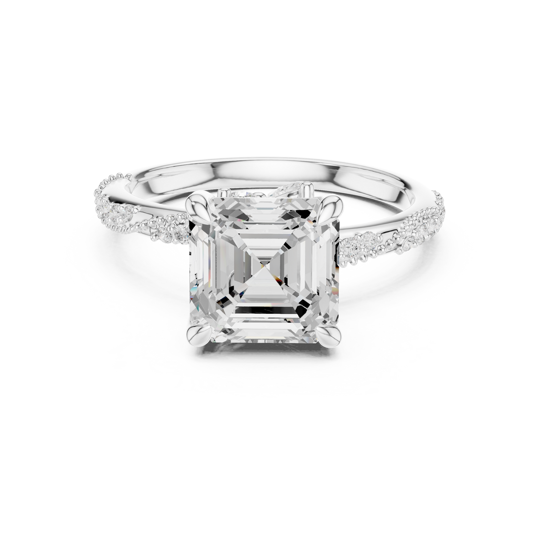 Asscher Cut Solitaire Engagement Ring with Side Pavé Diamond Band and Hidden Halo