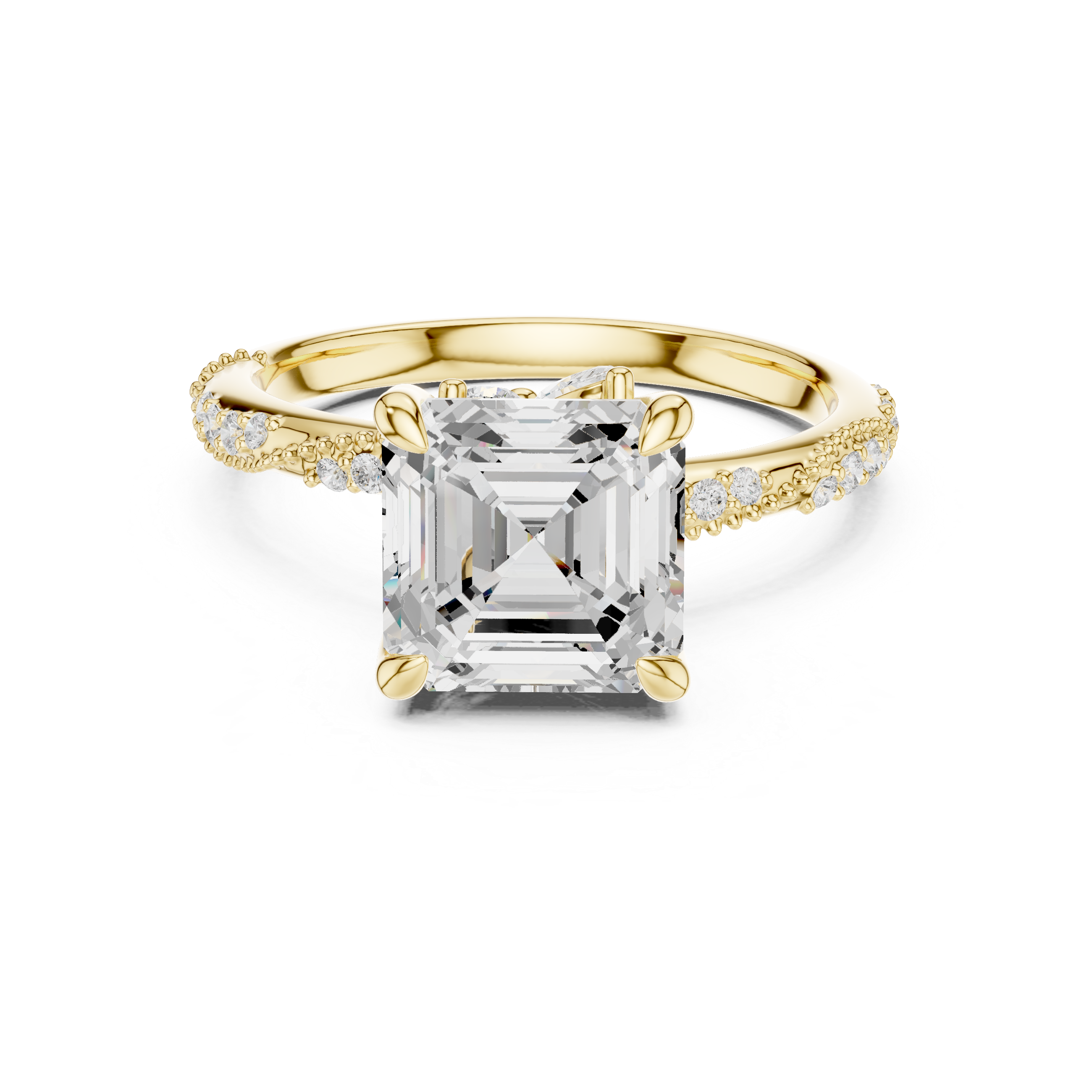 Asscher Cut Solitaire Engagement Ring with Side Pavé Diamond Band and Hidden Halo