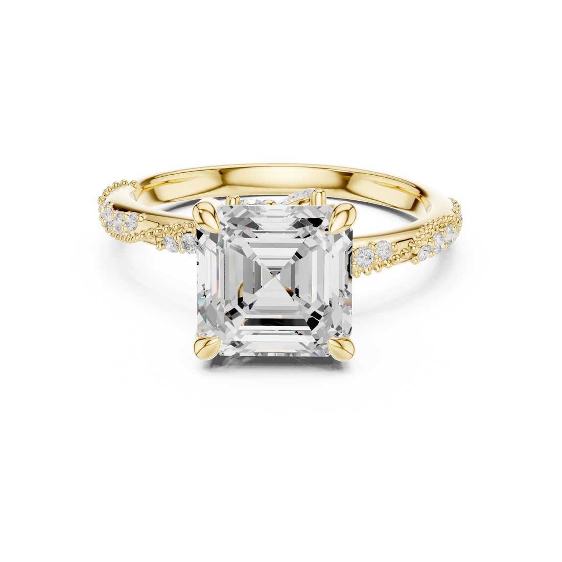 Asscher Cut Solitaire Engagement Ring with Side Pavé Diamond Band and Hidden Halo