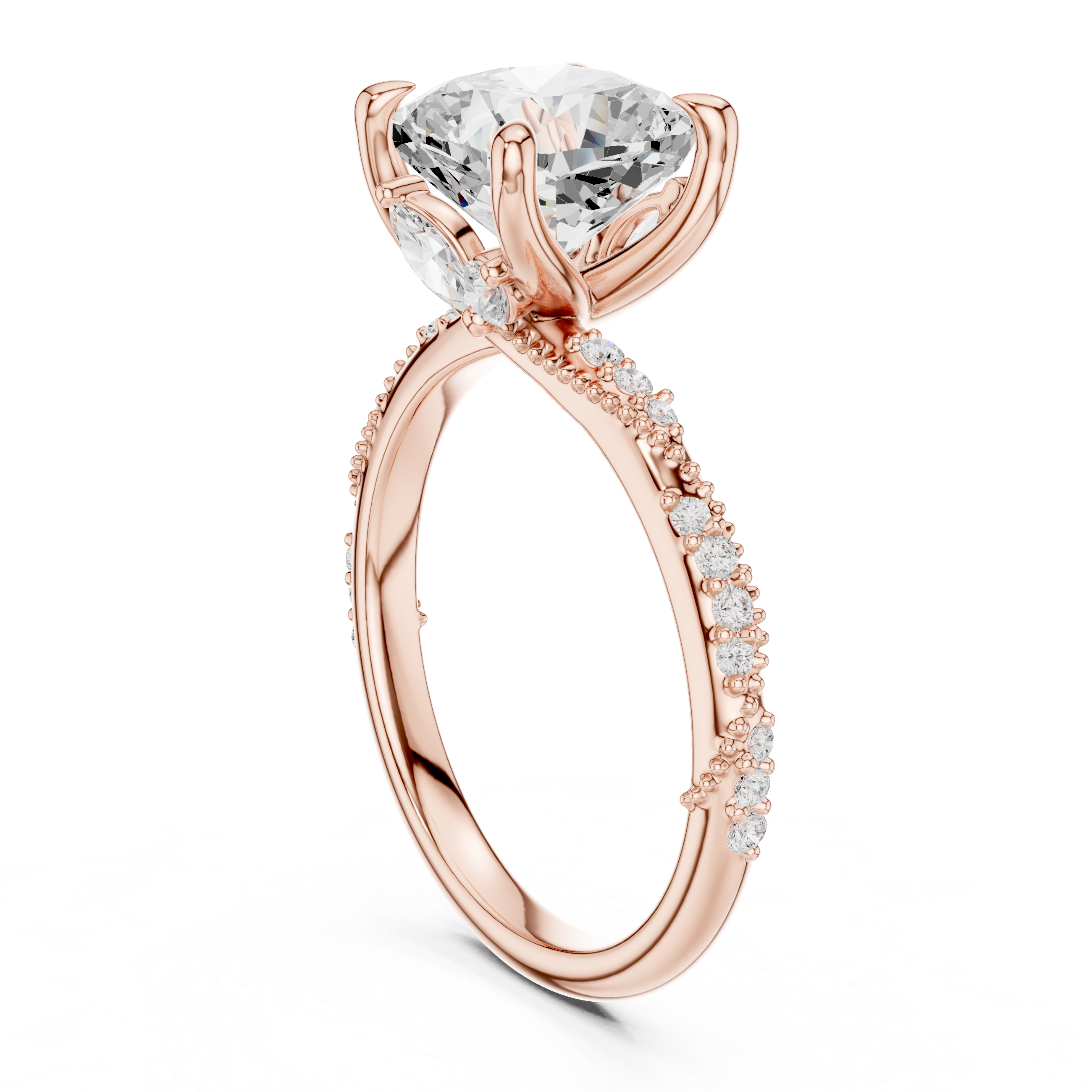 Cushion Cut Solitaire Engagement Ring with Side Pavé Diamond Band and Hidden Halo