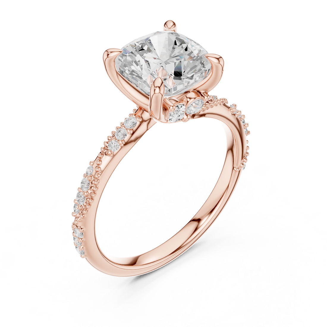 Cushion Cut Solitaire Engagement Ring with Side Pavé Diamond Band and Hidden Halo